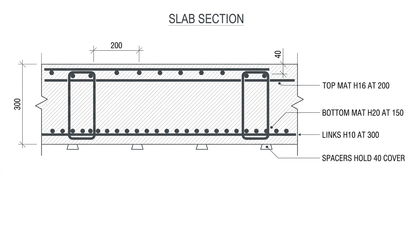 Slab section: 300 thick, top mat H16 at 200, bottom mat H20 at 150, links H10 at 300, spacers hold 40 cover